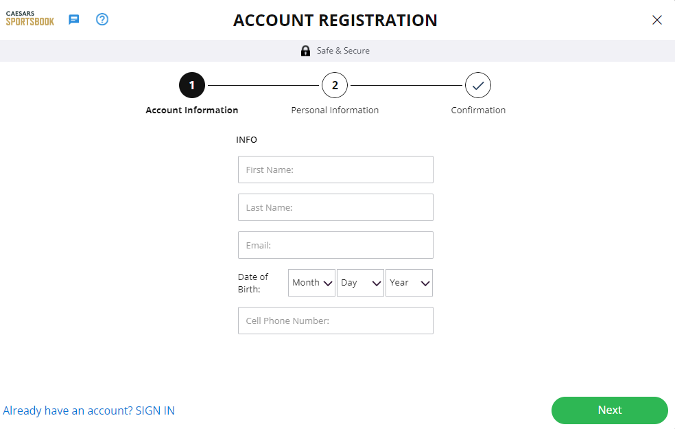 Caesars account registration