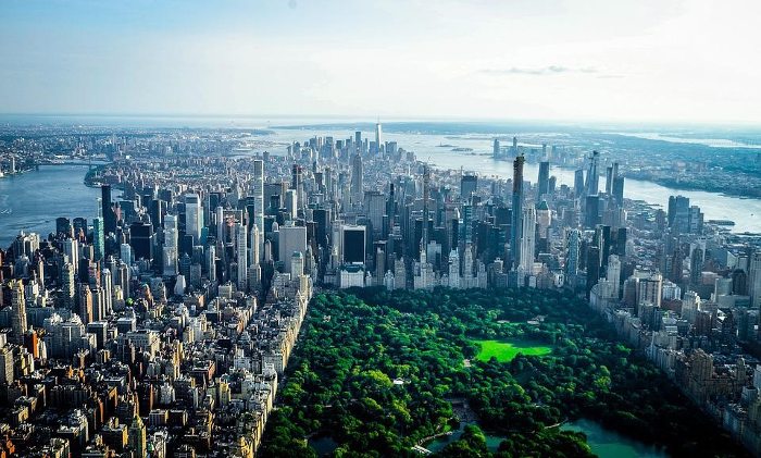 Image of Central Park and New York from above, blue sky